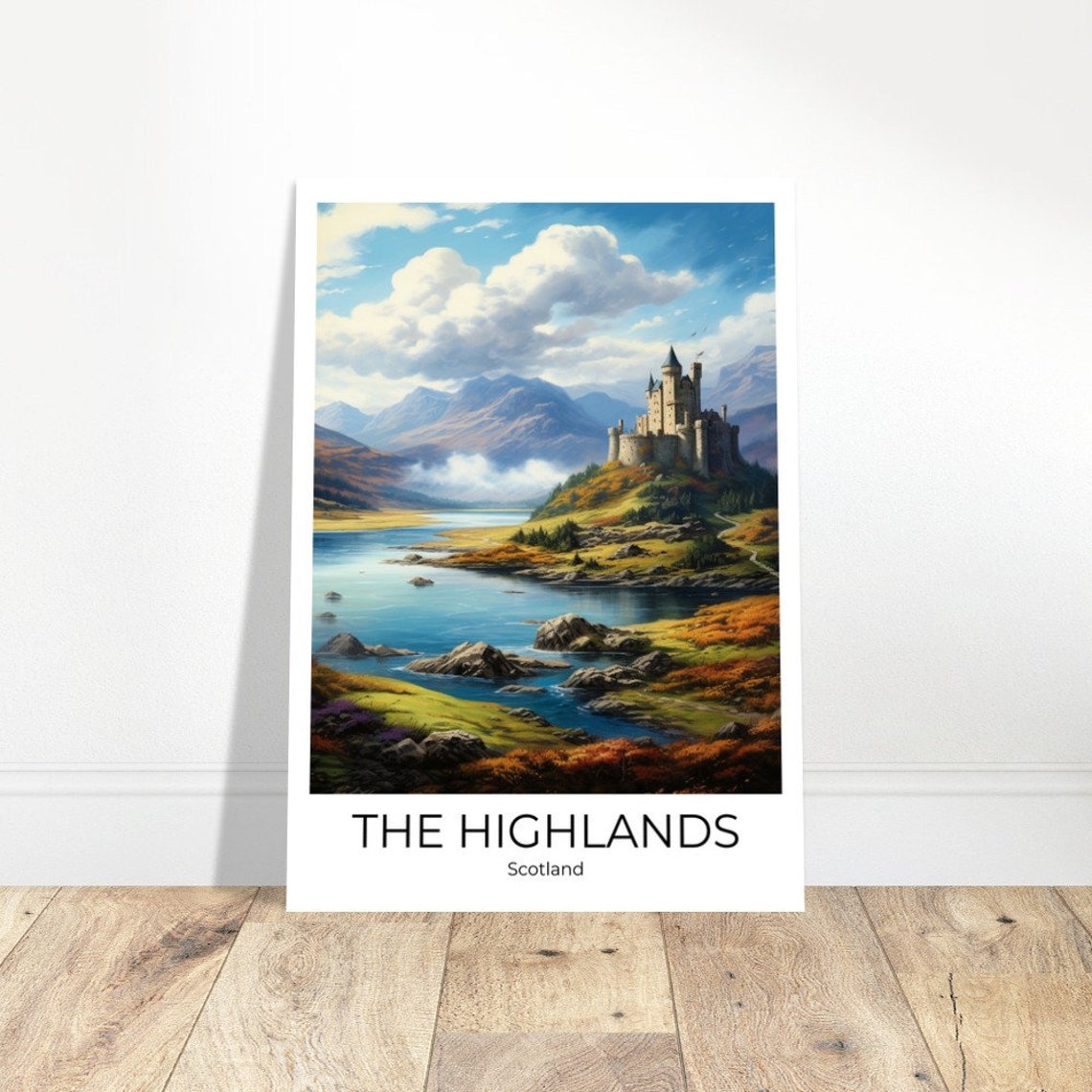 Scottish Highlands Castle Overlooking a Loch Between Mountains Poster