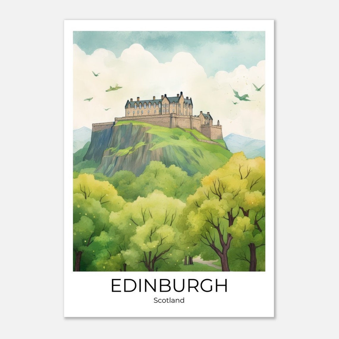 Edinburgh Castle Scotland Watercolor Rock Spring Trees Travel Poster - Image 4