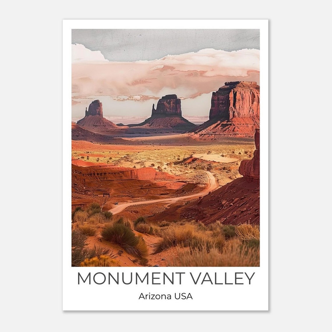 Monument Valley Arizona Red Rock Buttes Desert Road Watercolor Poster