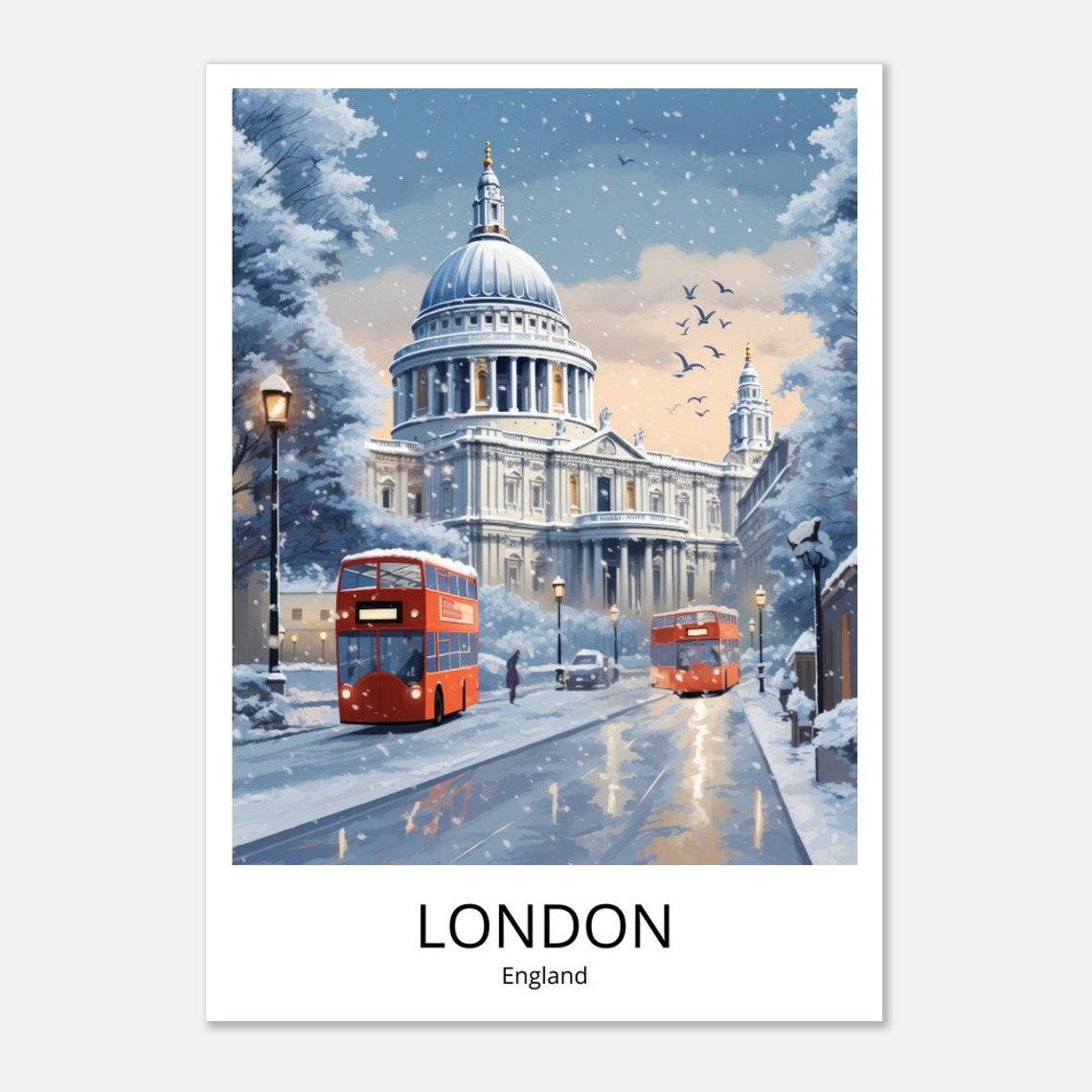 London St Paul's Cathedral Snowy Winter Red Bus Illustration Poster - Image 4
