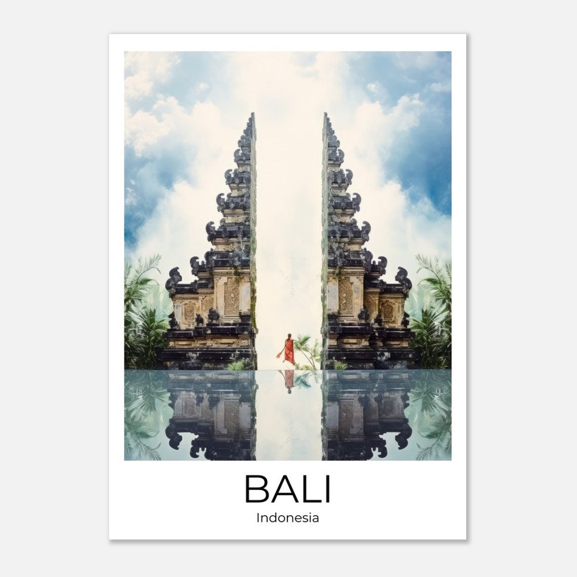 Bali Indonesia Temple Gate Reflection Watercolor Travel Poster - Image 3