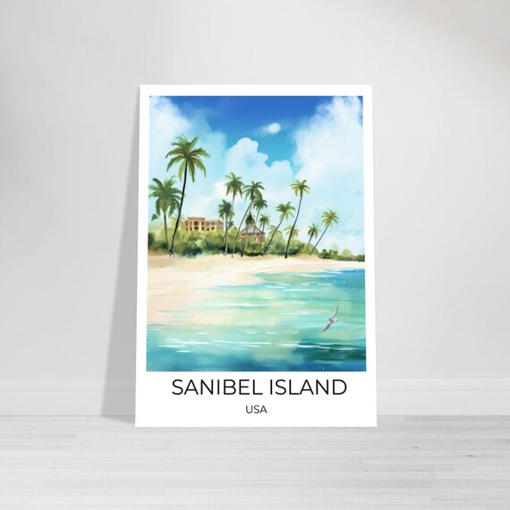 Sanibel Island Watercolor Travel Poster Sanibel Wall Art Florida Travel Print Sanibel Usa