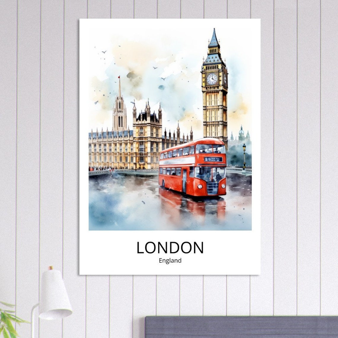 London England Big Ben Red Double Decker Bus Watercolor Travel Poster - Image 2