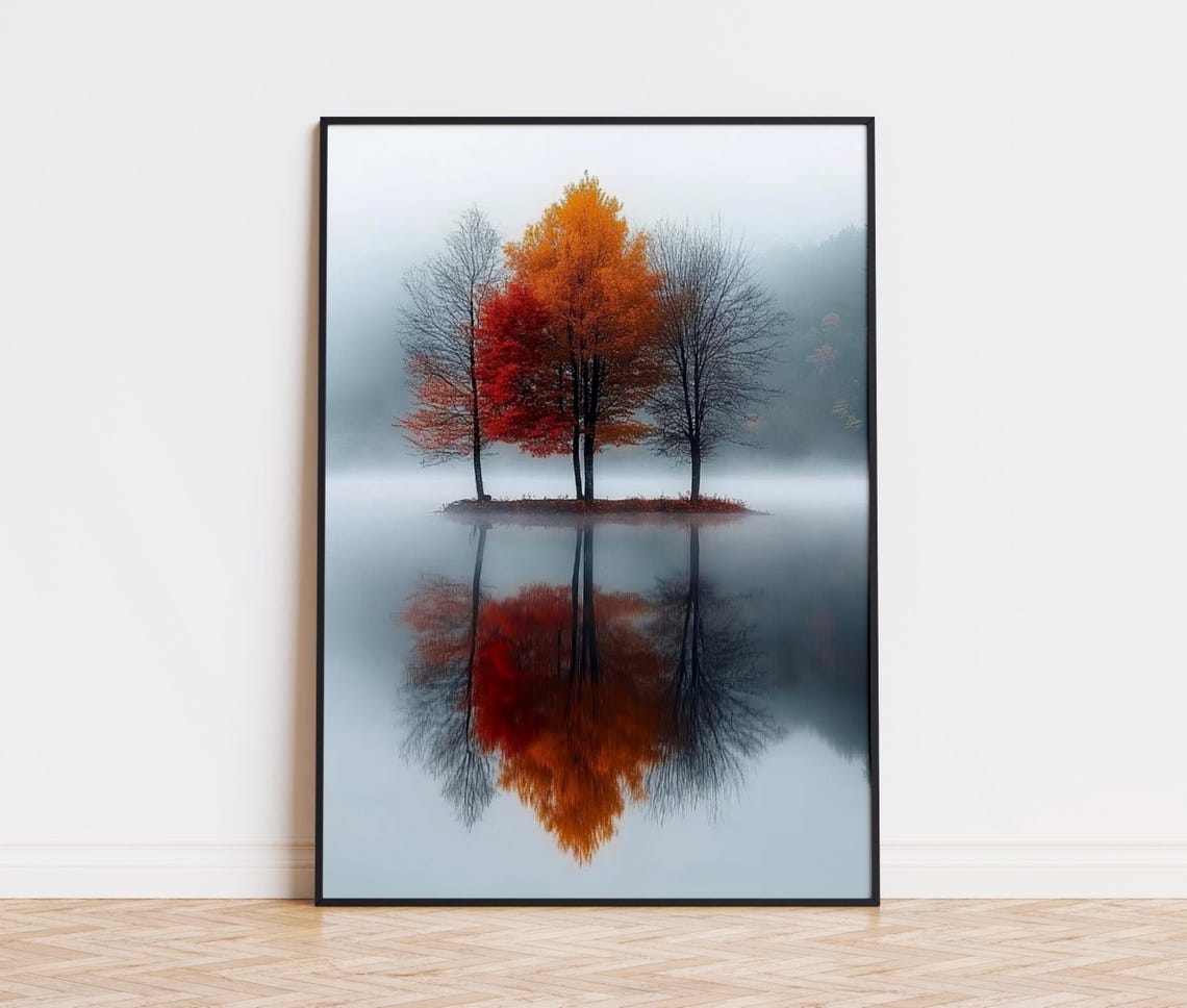 Fiery Autumn Trees Poster Misty Lake Mirror Reflection Fall Foliage