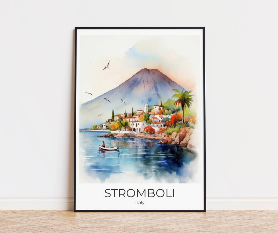 Stromboli Italy Volcano Island Village Watercolor Travel Poster