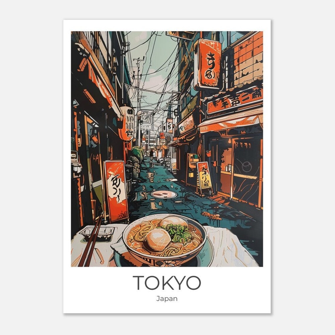 Tokyo Japan Travel Poster Neon Alley Ramen Night Illustration Art