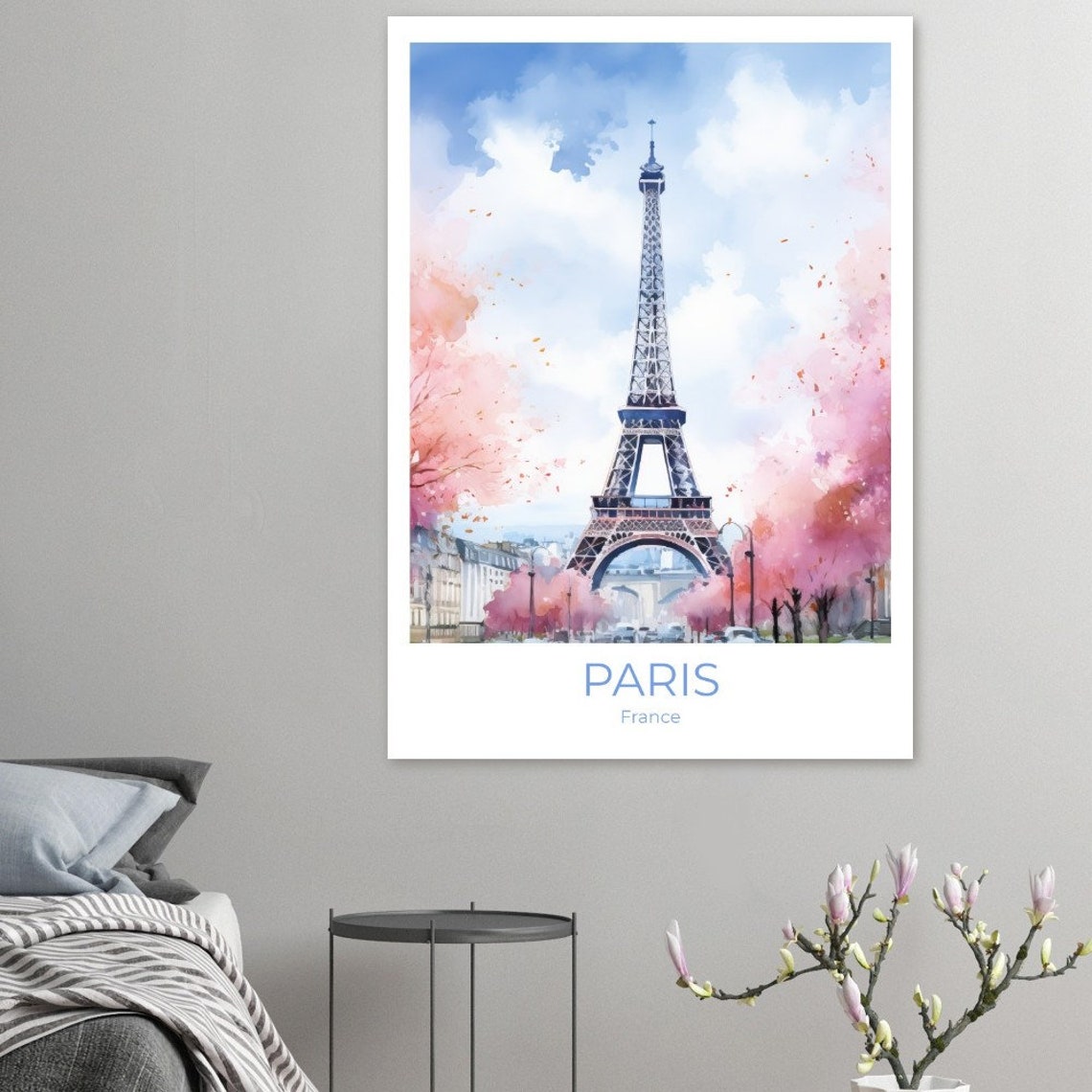 Eiffel Tower Paris Spring Cherry Blossom Watercolor Art Poster - Image 3