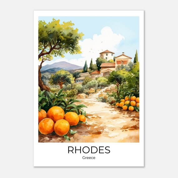 Rhodes Orange Plantation Travel Poster Watercolor Travel Print Wall Art Fineart Print Rhodes Wallart Rhodes Gift