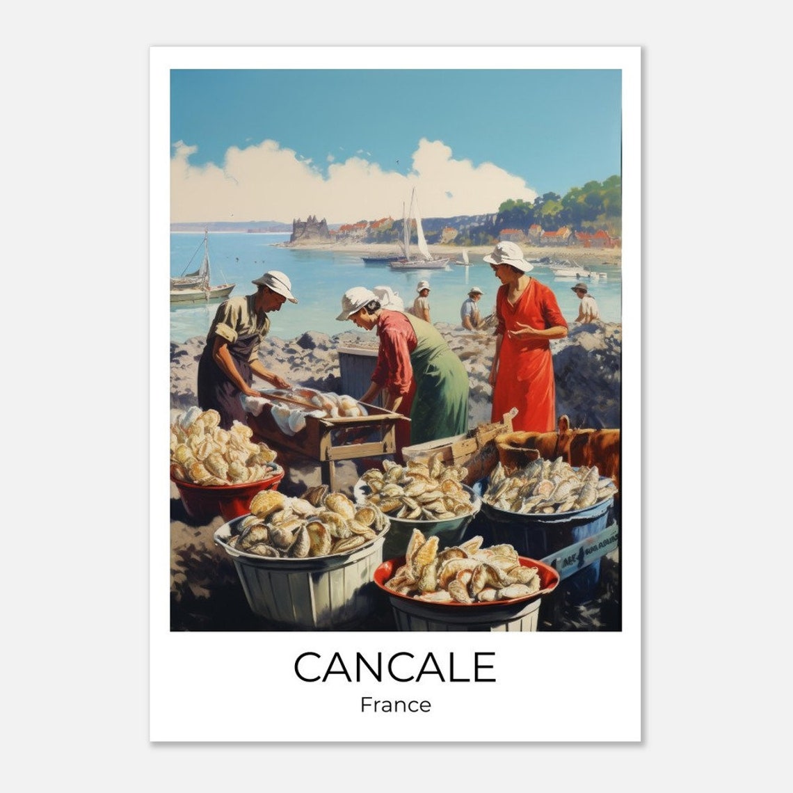 Cancale France Travel Poster Brittany Oyster Harvest Vintage Scene
