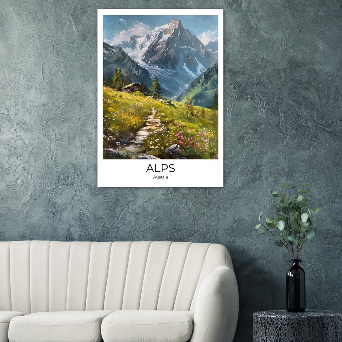 Austrian Alps Summer Meadow Cabin Snowy Peak Mountain Poster - Image 2