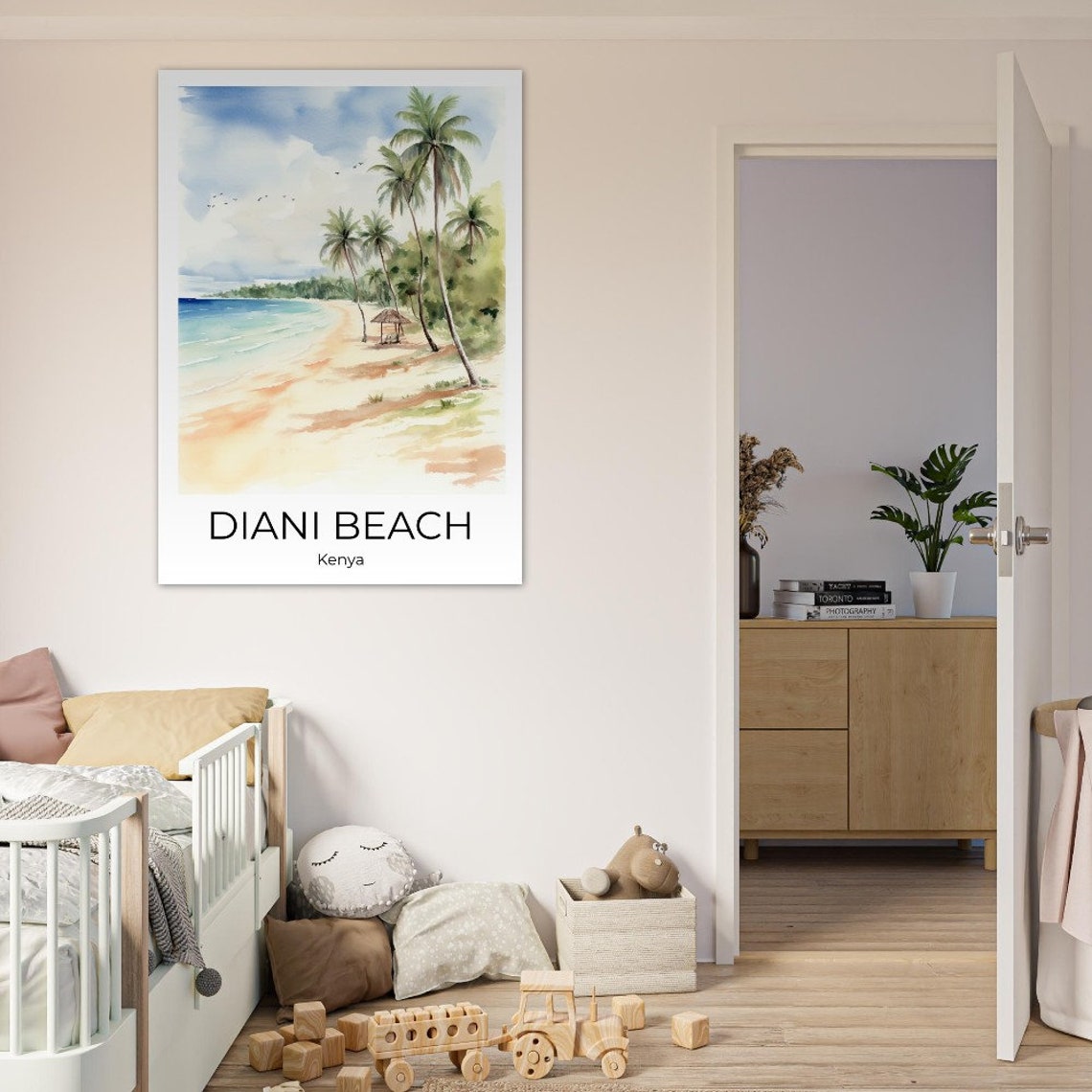 Diani Beach Kenya Watercolor Palm Trees and Thatched Hut Shore Poster - Image 3