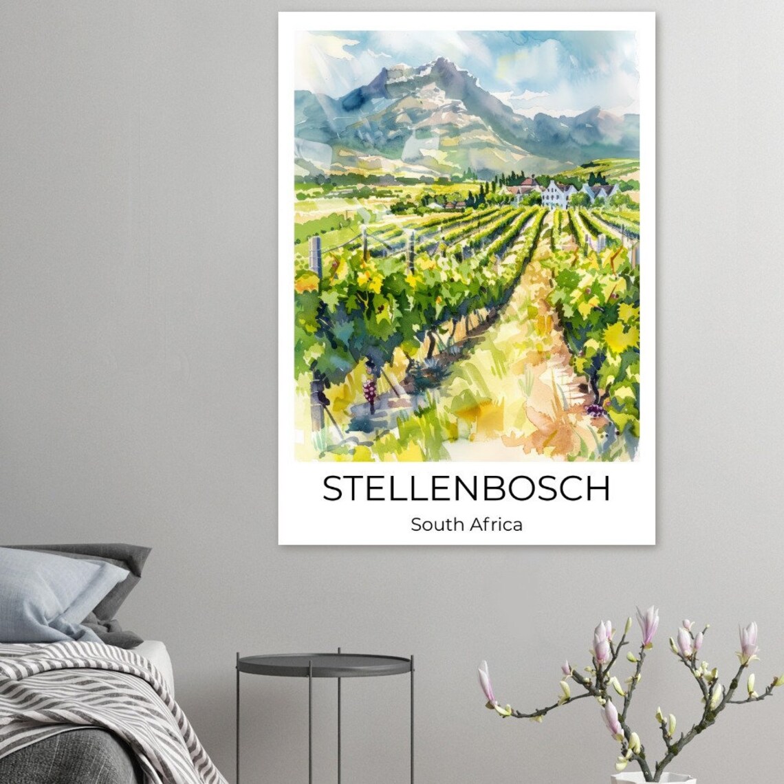 Stellenbosch South Africa Vineyard Mountain Watercolor Travel Poster - Image 3