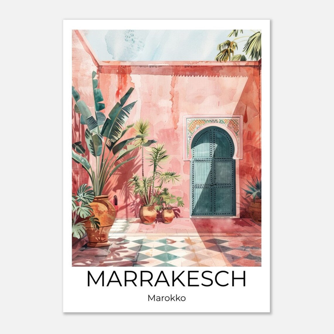 Marrakech Riad Travel Poster Morocco Pink Courtyard Watercolor Art
