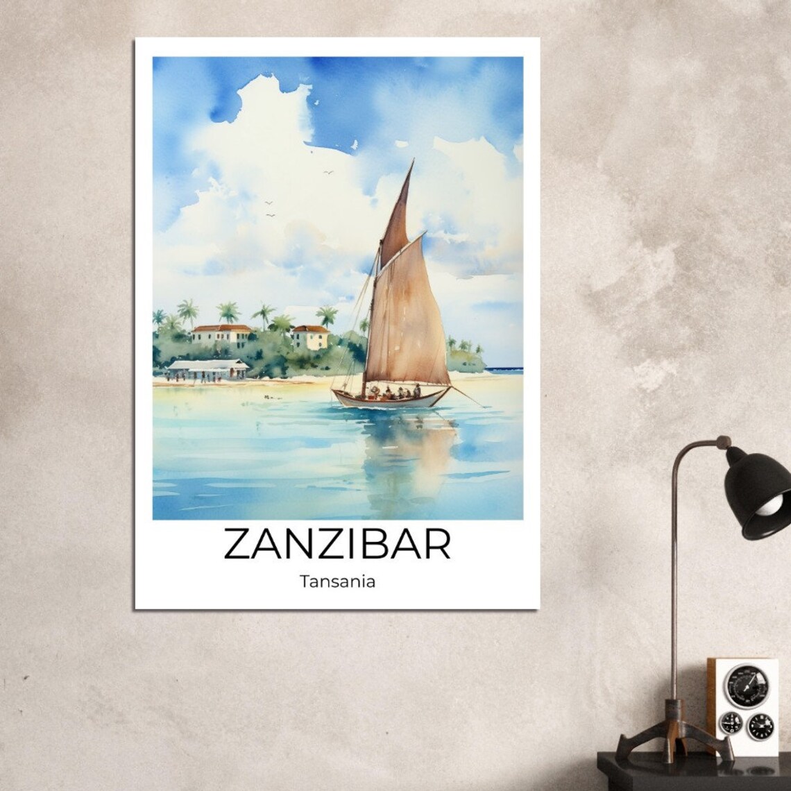 Zanzibar Tanzania Watercolor Dhow Sailboat Beach Travel Poster - Image 3