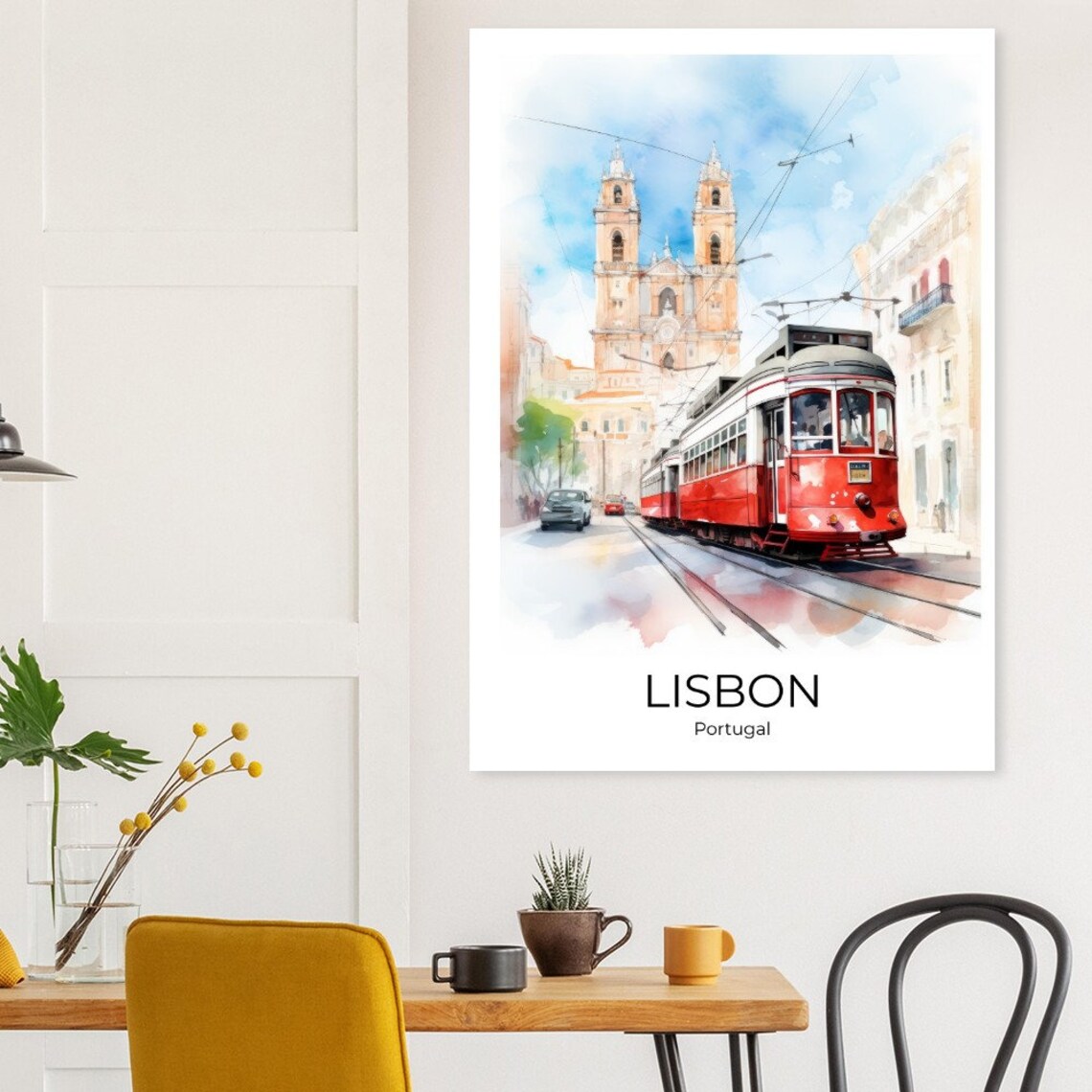 Lisbon Red Tram Cathedral Street Watercolor Portugal Travel Poster - Image 3