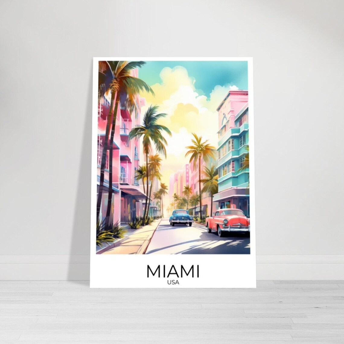 Miami USA Pastel Street Scene With Classic Cars and Palms Poster - Image 4