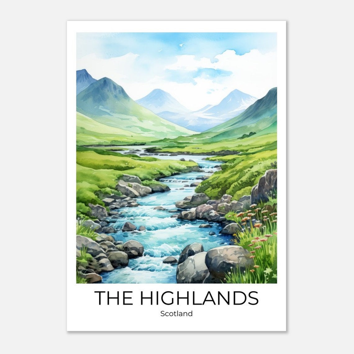 Scottish Highlands Summer Green Valley Stream Mountains Travel Poster - Image 4