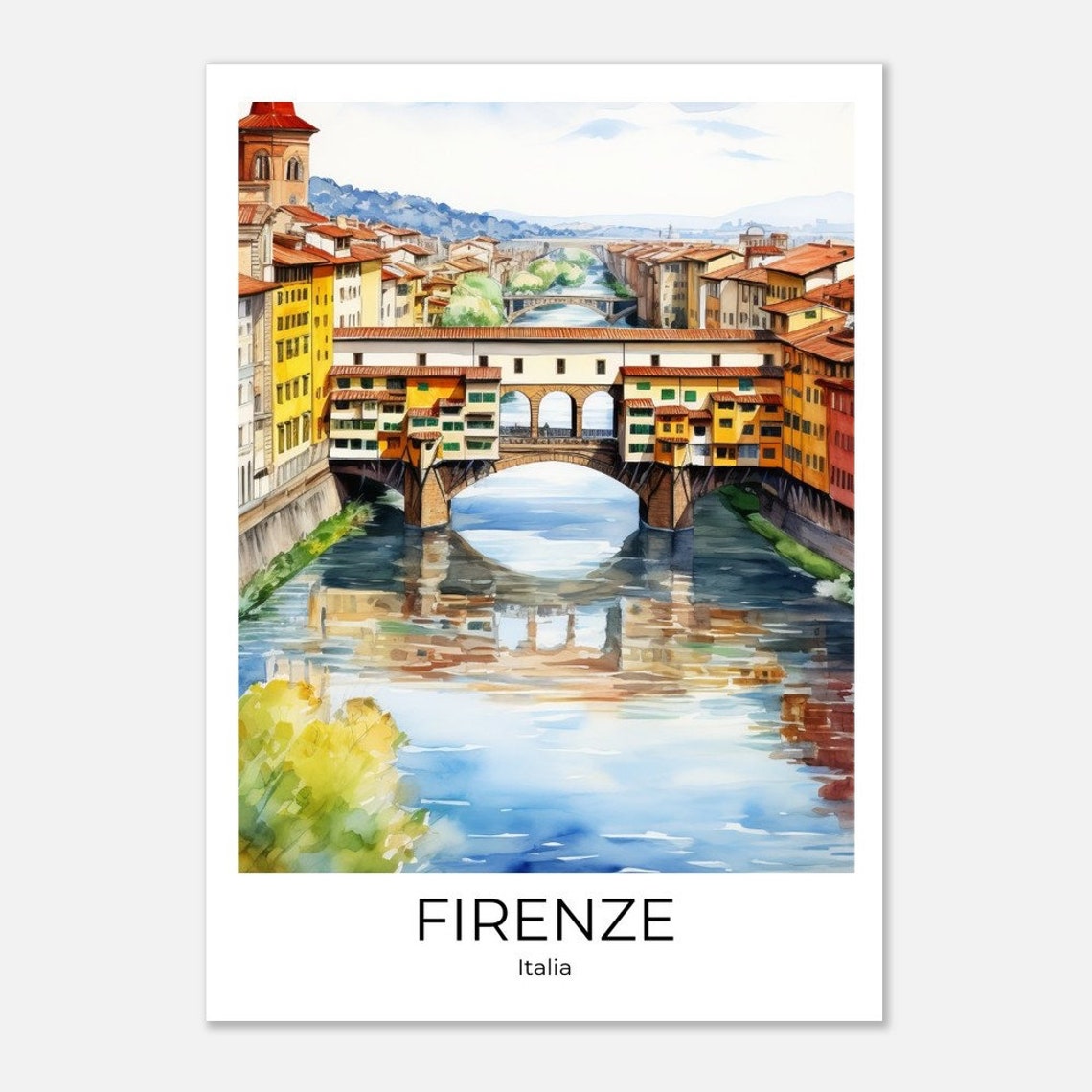 Florence Italy Ponte Vecchio Bridge Arno River Watercolor Poster - Image 4