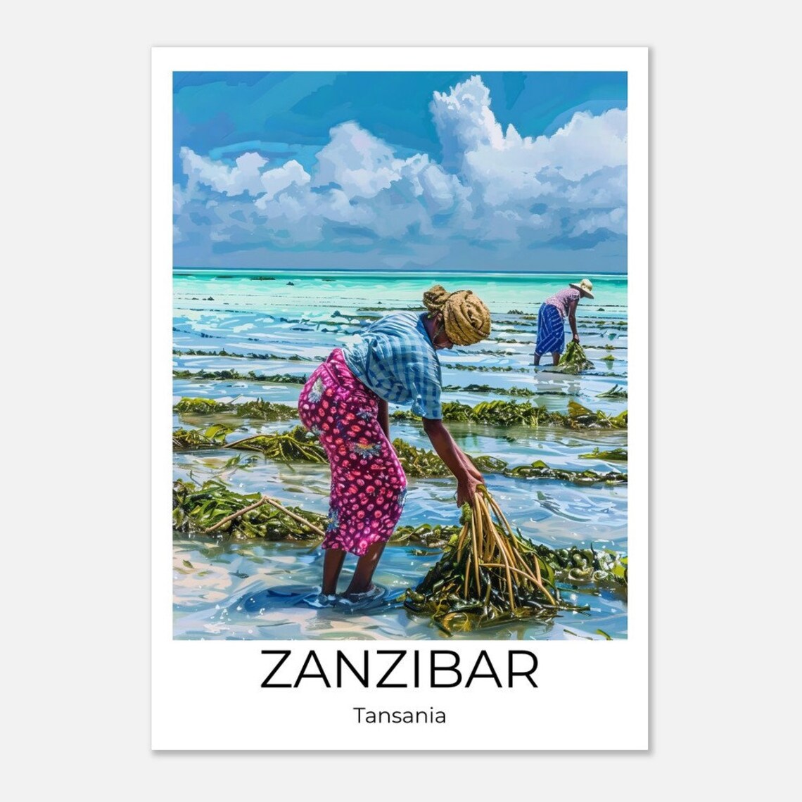 Zanzibar Tanzania Seaweed Harvesters Turquoise Sea Travel Poster - Image 2