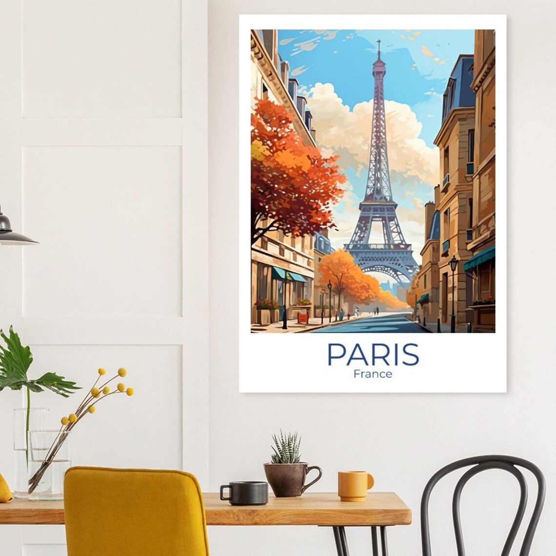Illustrated Paris Eiffel Tower Autumn Street Scene Travel Poster - Image 2