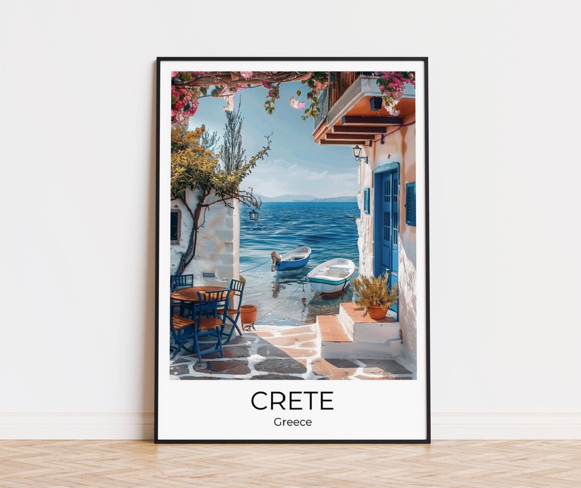 Crete Greece Seaside Village Cafe Boats Old Town Travel Poster