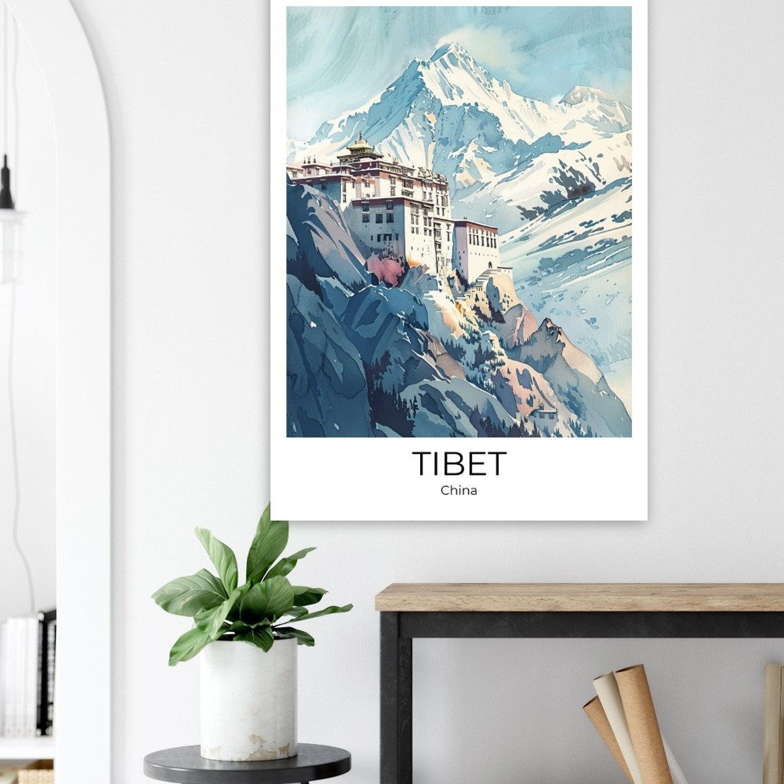 Tibet China Himalayan Monastery Snowy Peaks Watercolor Poster - Image 4