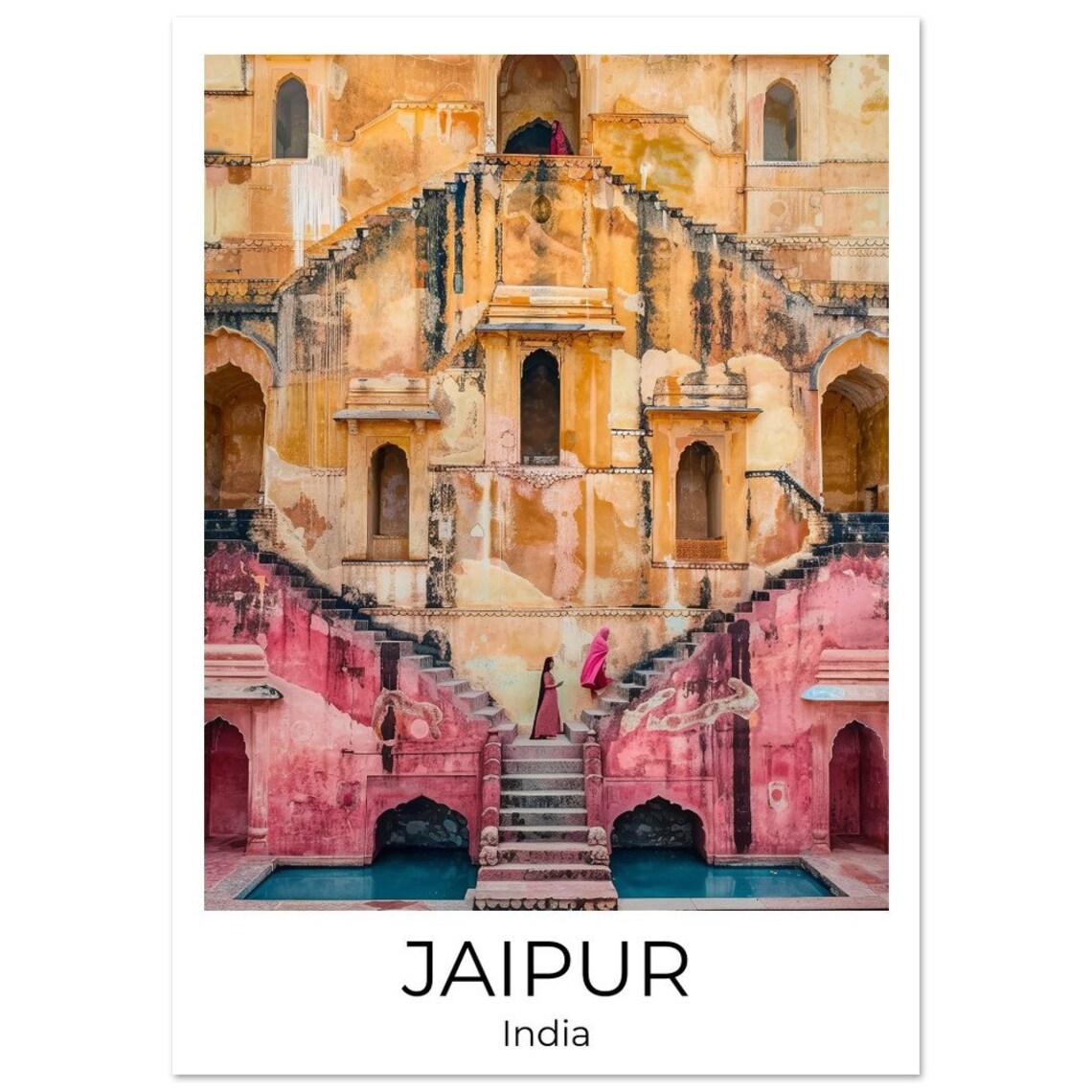 Jaipur India Stepwell Geometric Stairs Pink Walls Travel Photo Poster