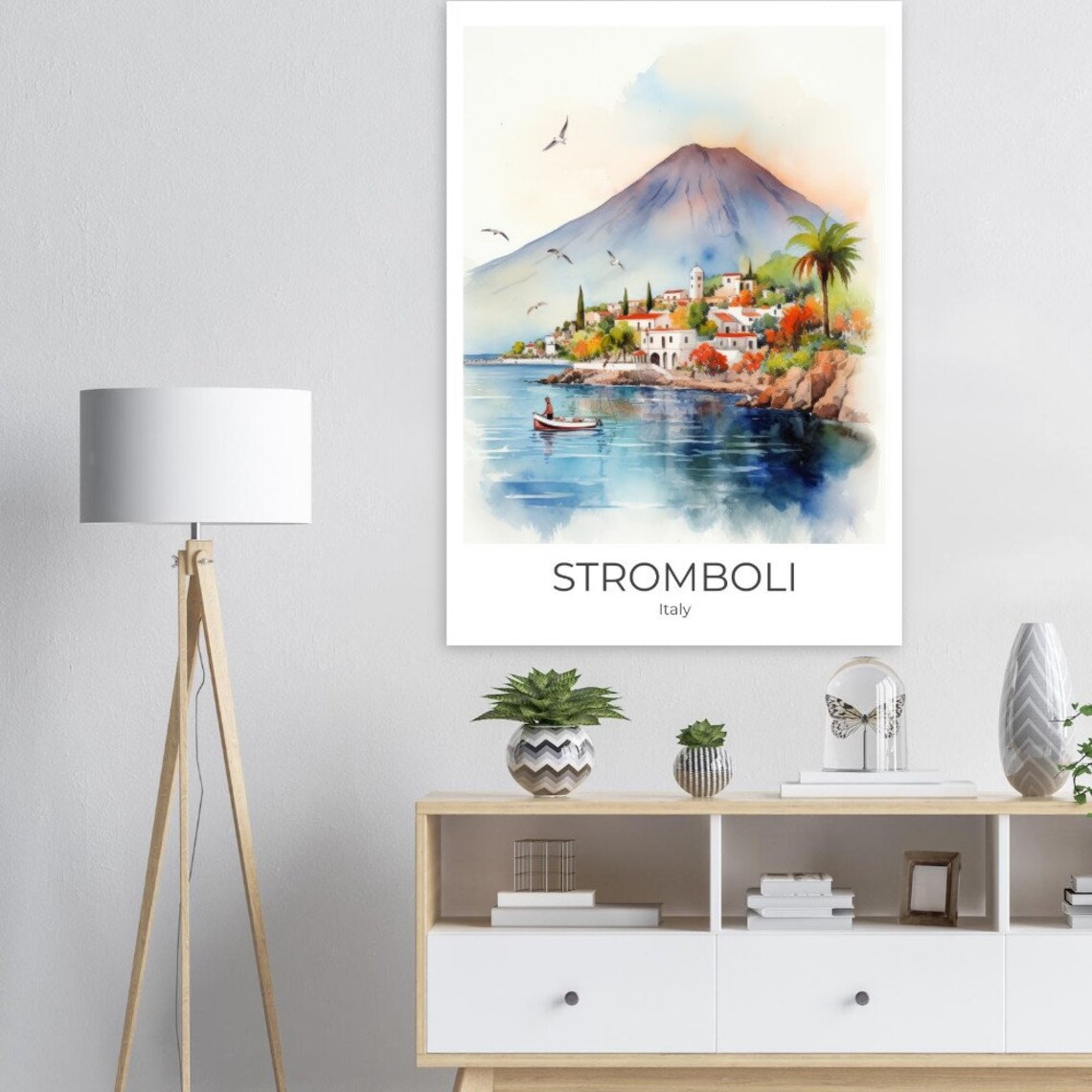 Stromboli Italy Volcano Island Village Watercolor Travel Poster - Image 2