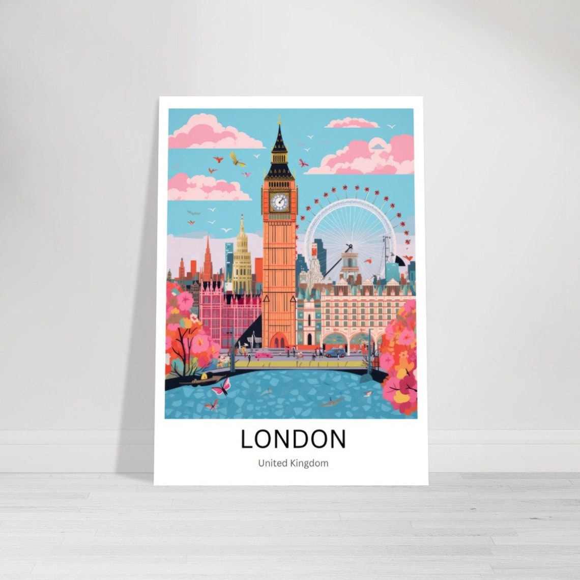 London Big Ben and London Eye Colorful City Skyline Travel Poster - Image 2