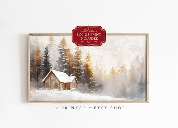 Snowy Log Cabin in Misty Pine Forest Winter Landscape Art Poster