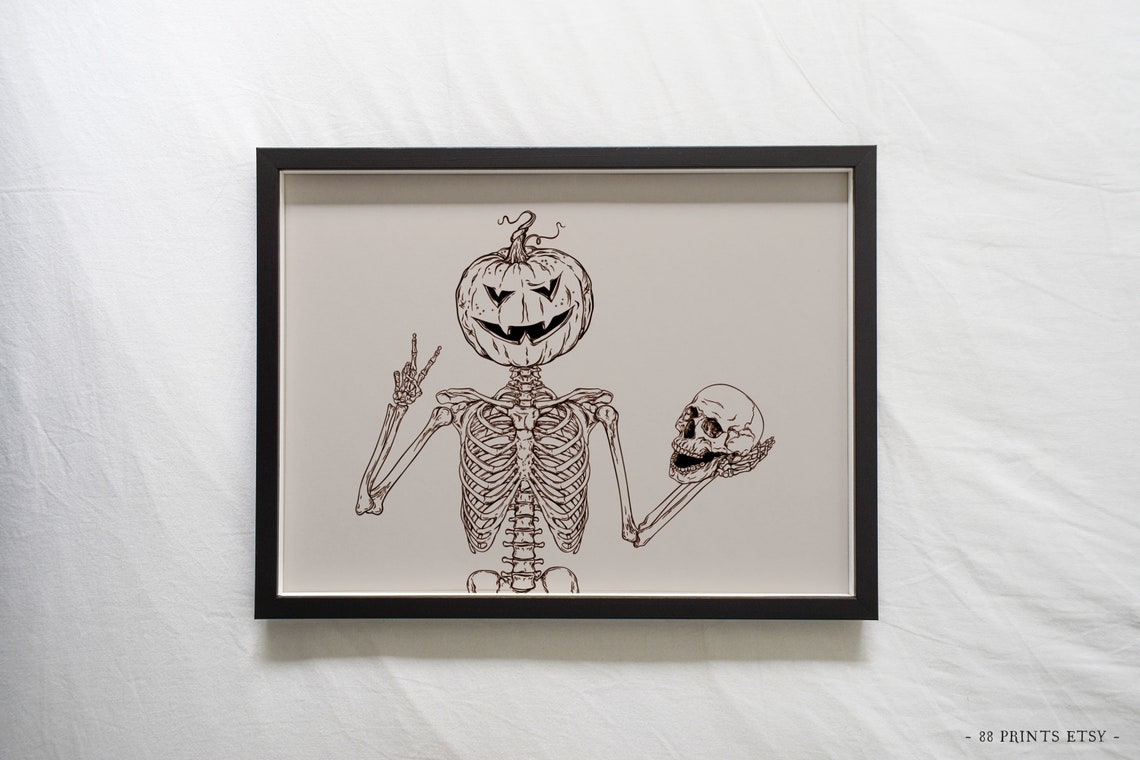 Pumpkin Head Skeleton Peace Sign Spooky Halloween Line Art Print - Image 2