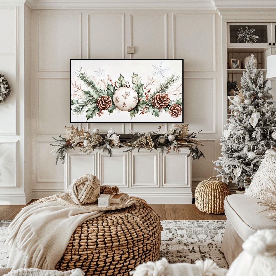 White Christmas Ornament Pinecones Watercolor Holiday Art Poster - Image 2