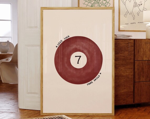 Vintage 7 Ball Less Luck More Skills Hand Drawn Billiards Poster