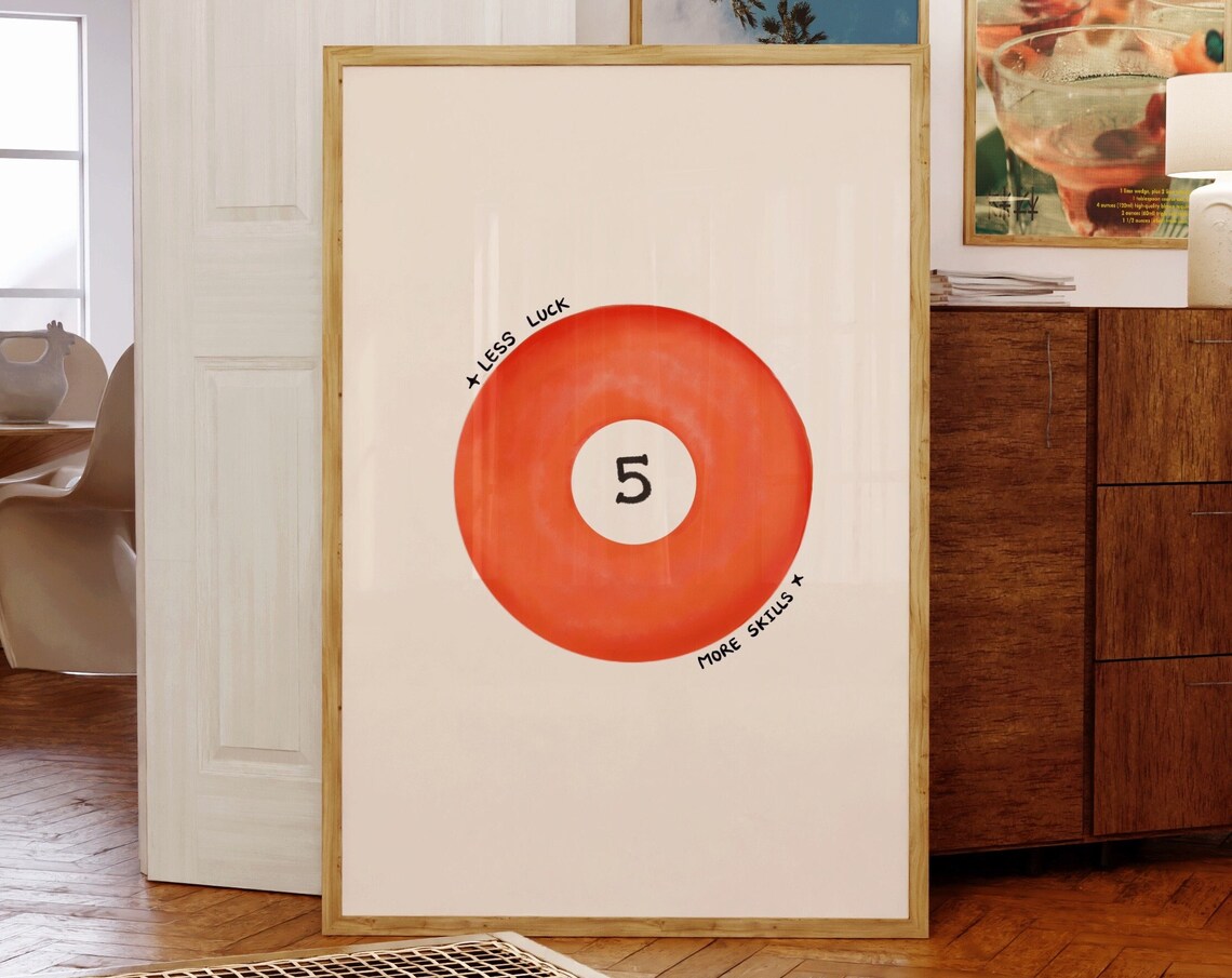 Lucky Number 5 Pool Ball Less Luck More Skills Retro Game Room Poster