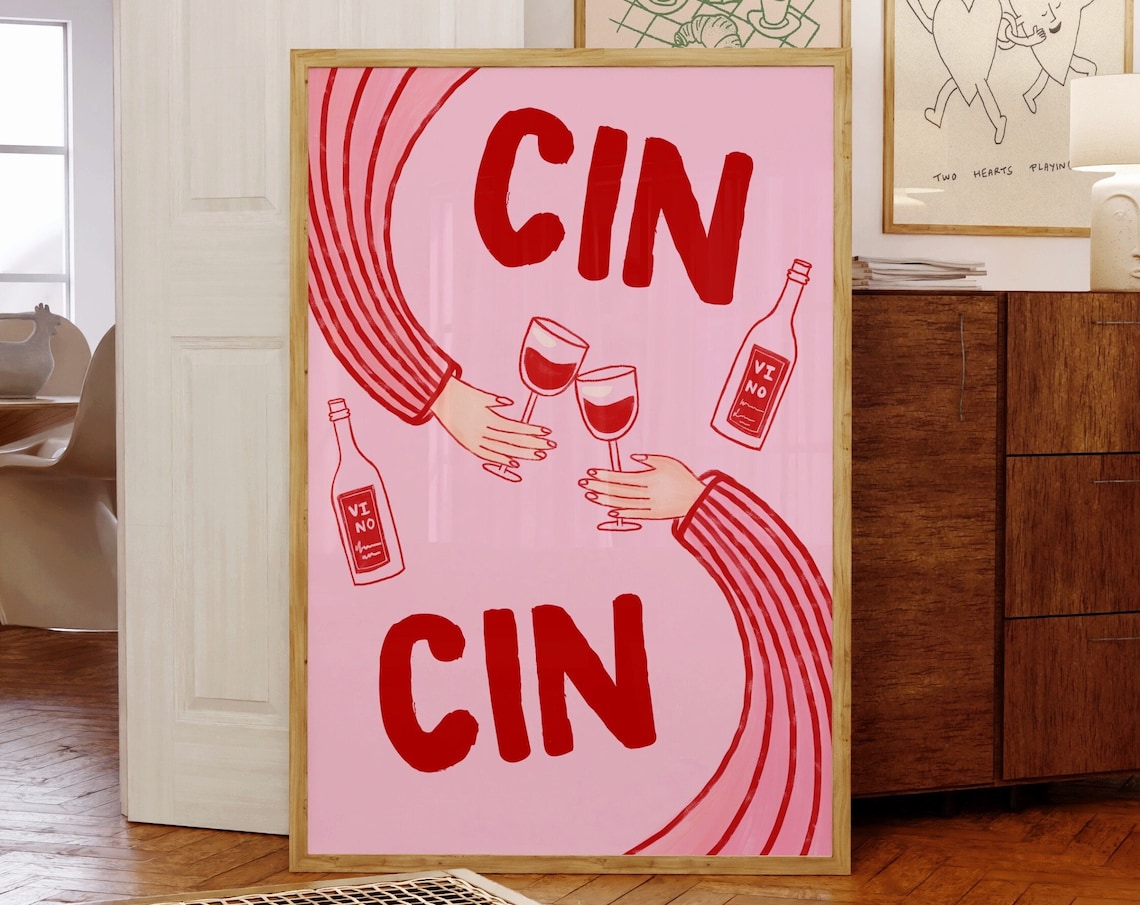 Cin Wine Retro Poster Set of 3, Bar Cart Decor