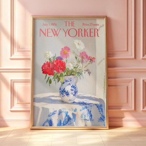 July 1 1974 The New Yorker Floral Bouquet Blue Vase Cover Art Poster
