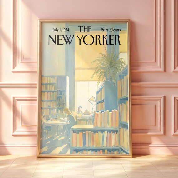 Vintage New Yorker Cozy Library Reading Room Bookshelf Poster