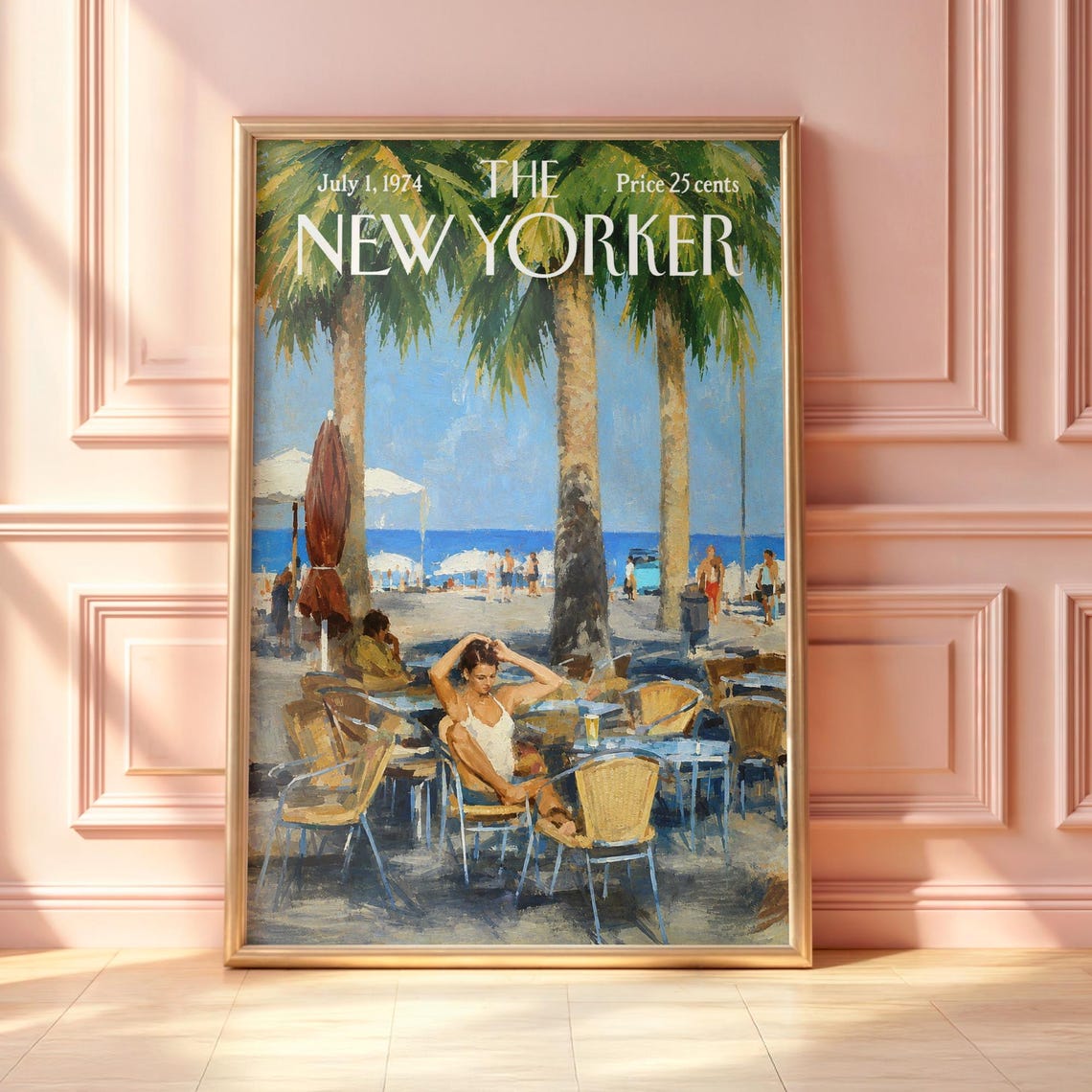 Vintage New Yorker Beach Cafe Palm Trees Summer Seaside Poster