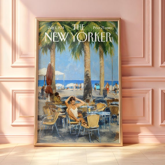 Vintage New Yorker Beach Cafe Palm Trees Summer Seaside Poster