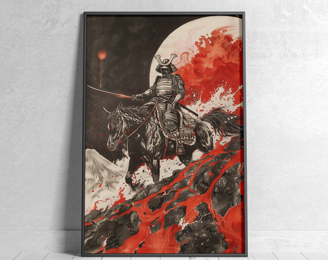 Samurai Warrior On Horseback Art Mount Fuji Red Black Ink Poster