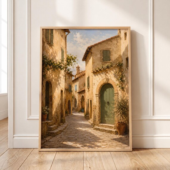 Tuscan Alley Painting Italian Cobblestone Street Print Mediterranean Villa Decor