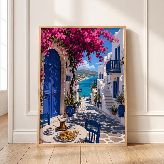 Santorini Print Blue Door Coastal Art Mediterranean Street Scene Digital Download