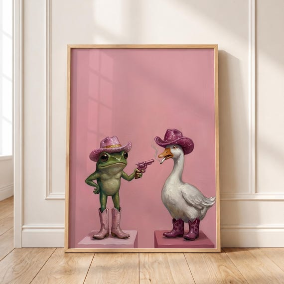 Cowboy Frog And Goose Pink Western Art Print Quirky Animal Poster