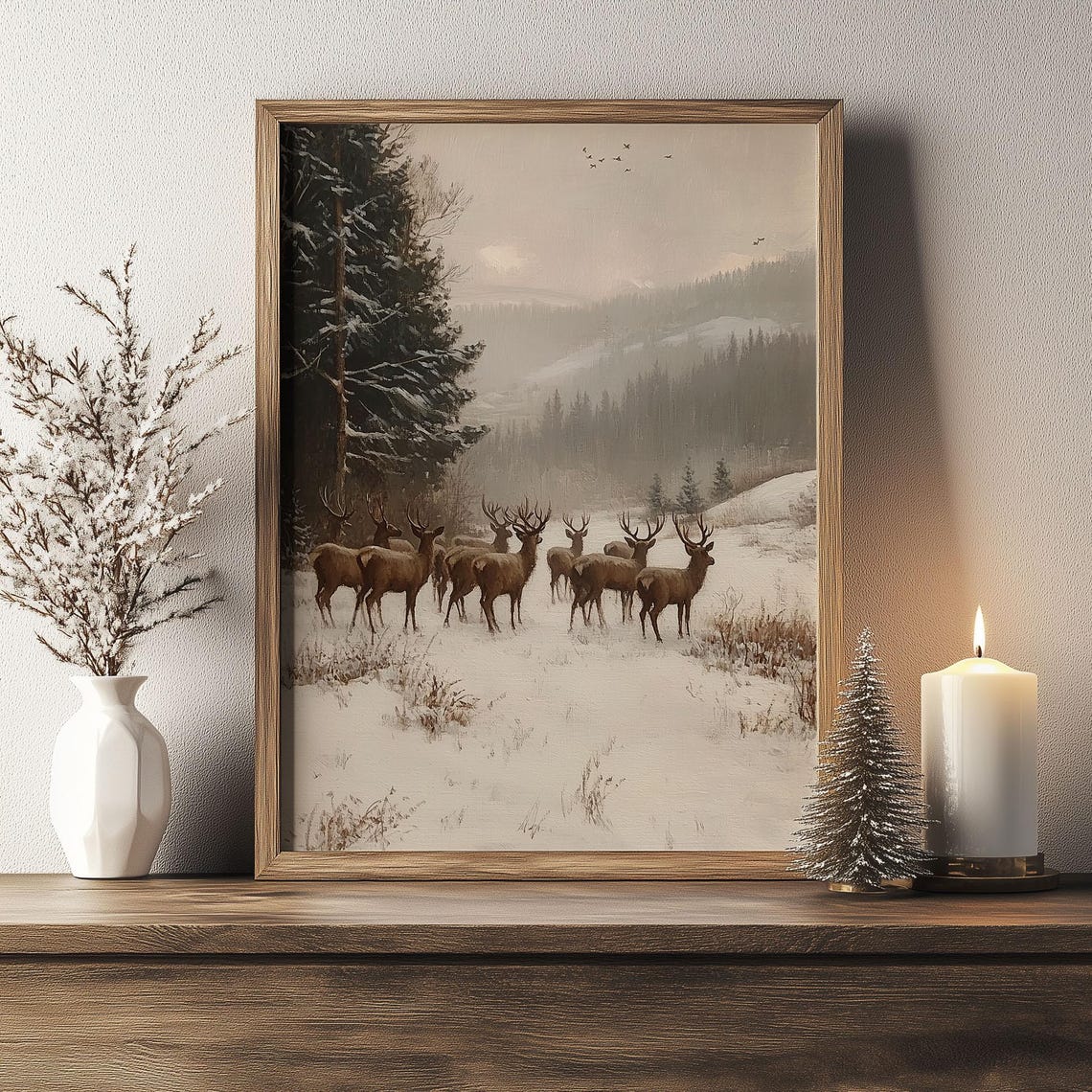 Herd of Deer in Snowy Mountain Forest Vintage Wildlife Poster - Image 6