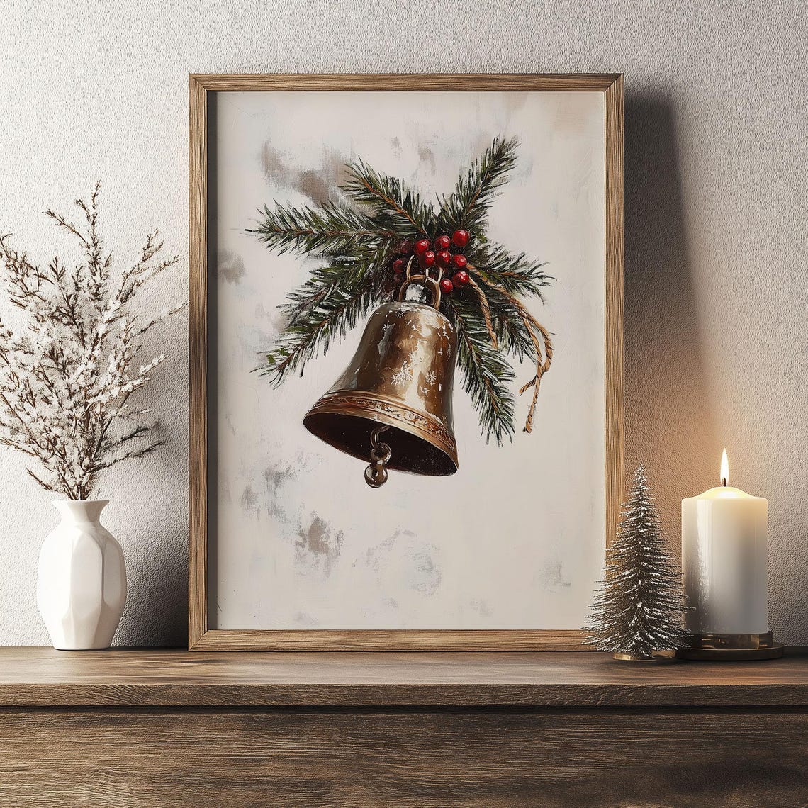 Rustic Brass Bell with Pine Branch and Red Berries Christmas Poster - Image 6
