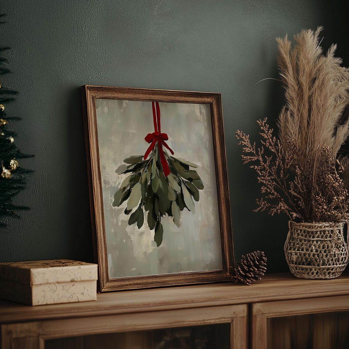 Hanging Mistletoe Bunch Tied with Red Ribbon Minimal Winter Wall Art - Image 6
