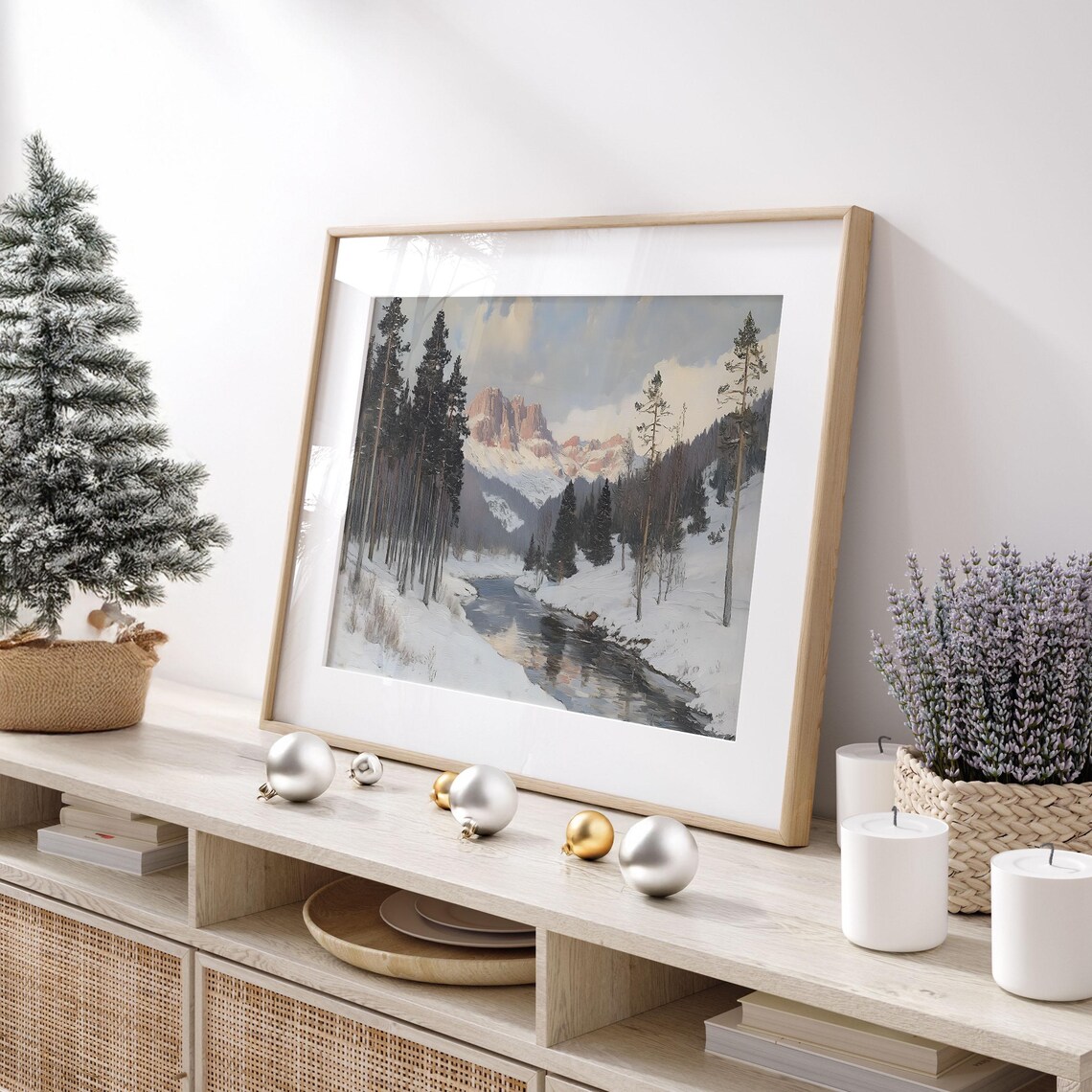 Icy Mountain Stream Winter Snowy Forest Peaks Oil Painting Poster - Image 2