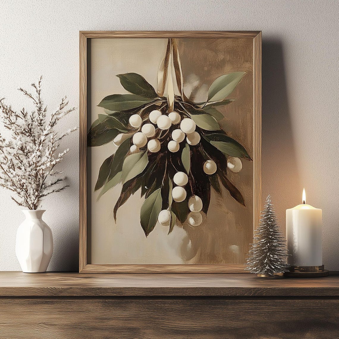 Hanging Mistletoe With White Berries Vintage Botanical Wall Art - Image 6