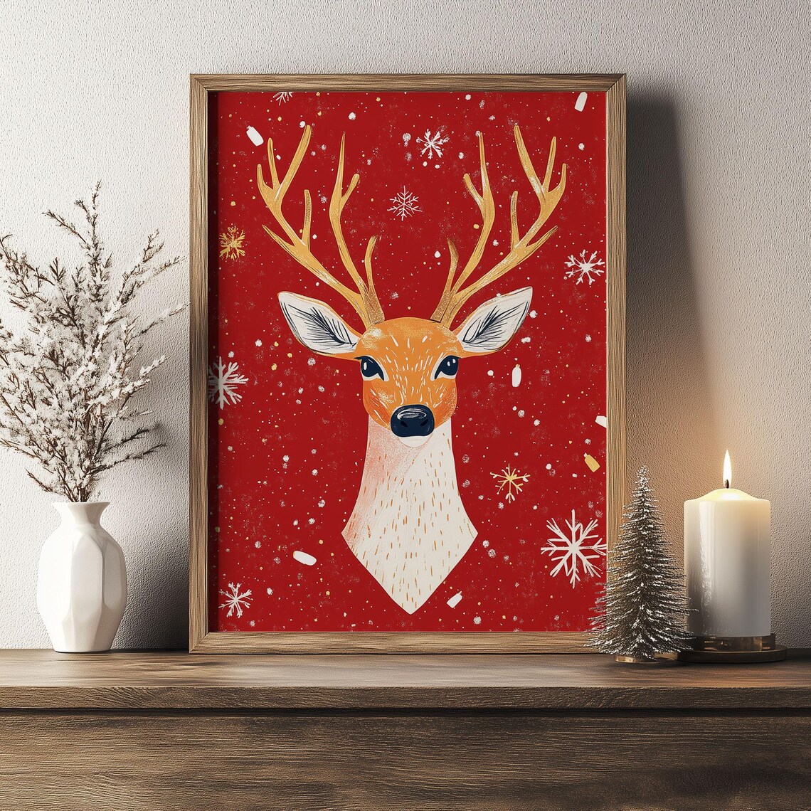 Illustrated Deer Head with Golden Antlers on Red Christmas Poster - Image 4