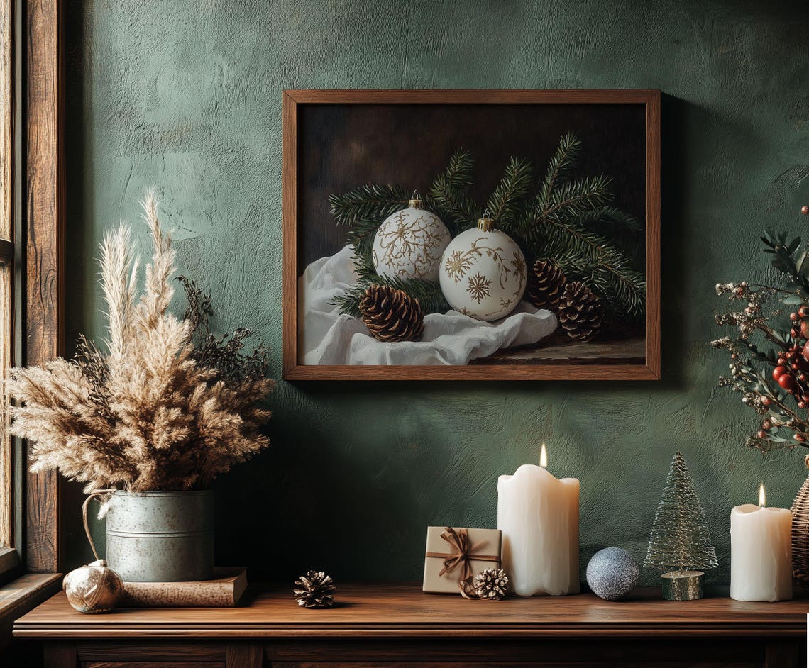 White Gold Christmas Ornaments Pinecones Rustic Still Life Poster - Image 5